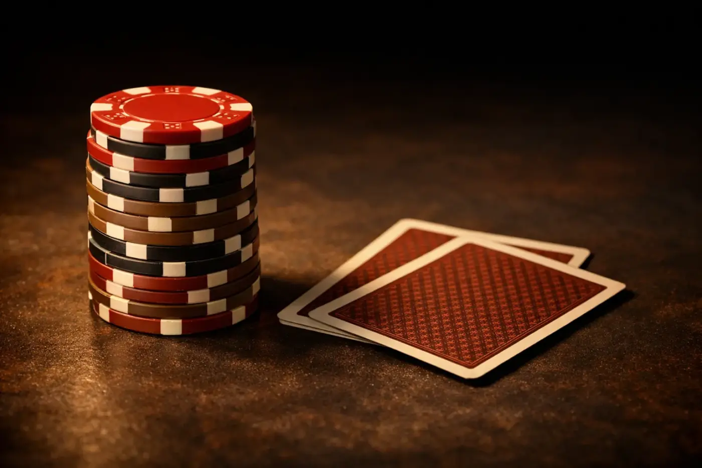 Chồng phỉnh poker cạnh hai lá bài úp trên nền tối