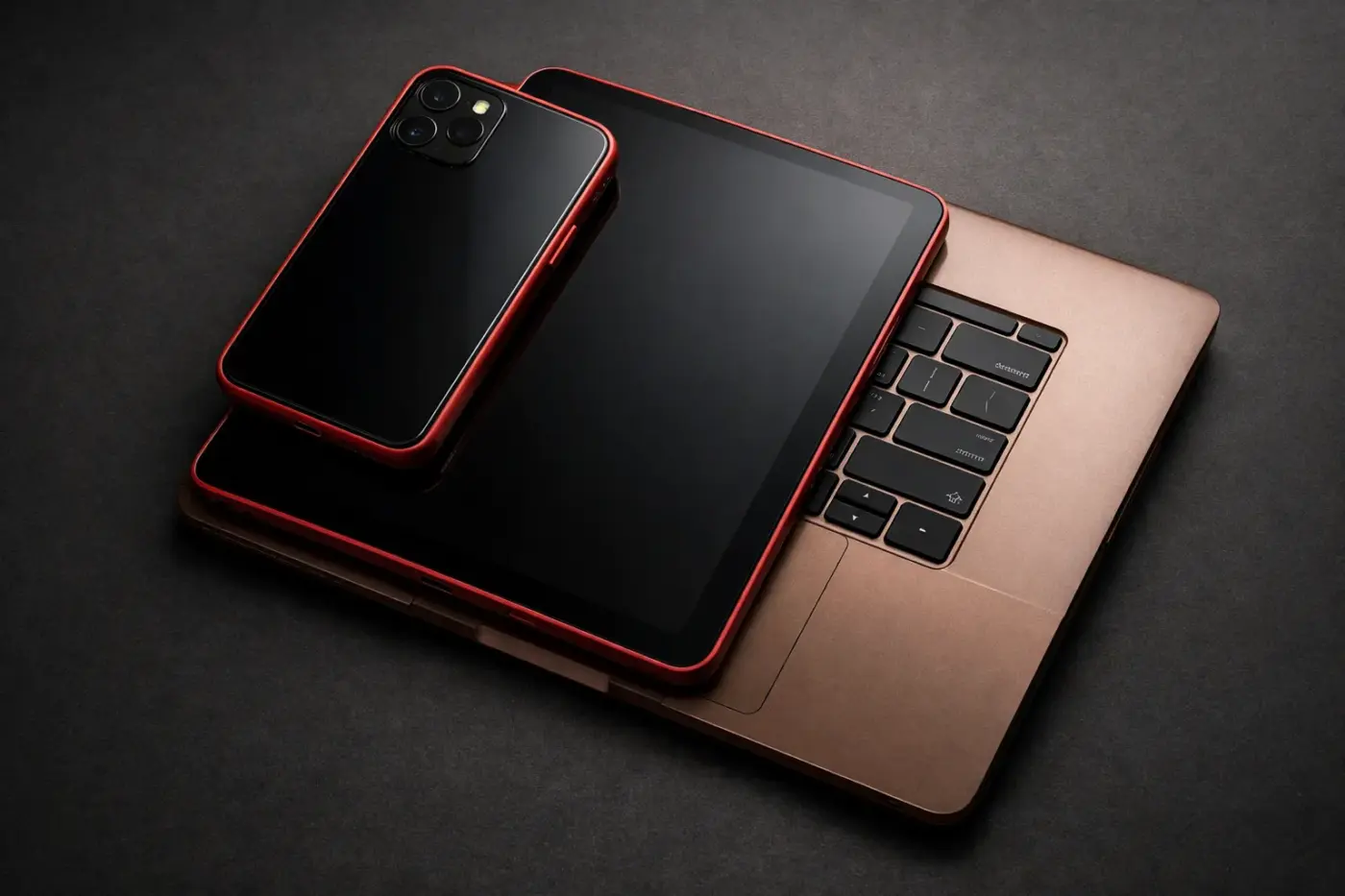 Điện thoại, máy tính bảng và laptop chồng mép nhau