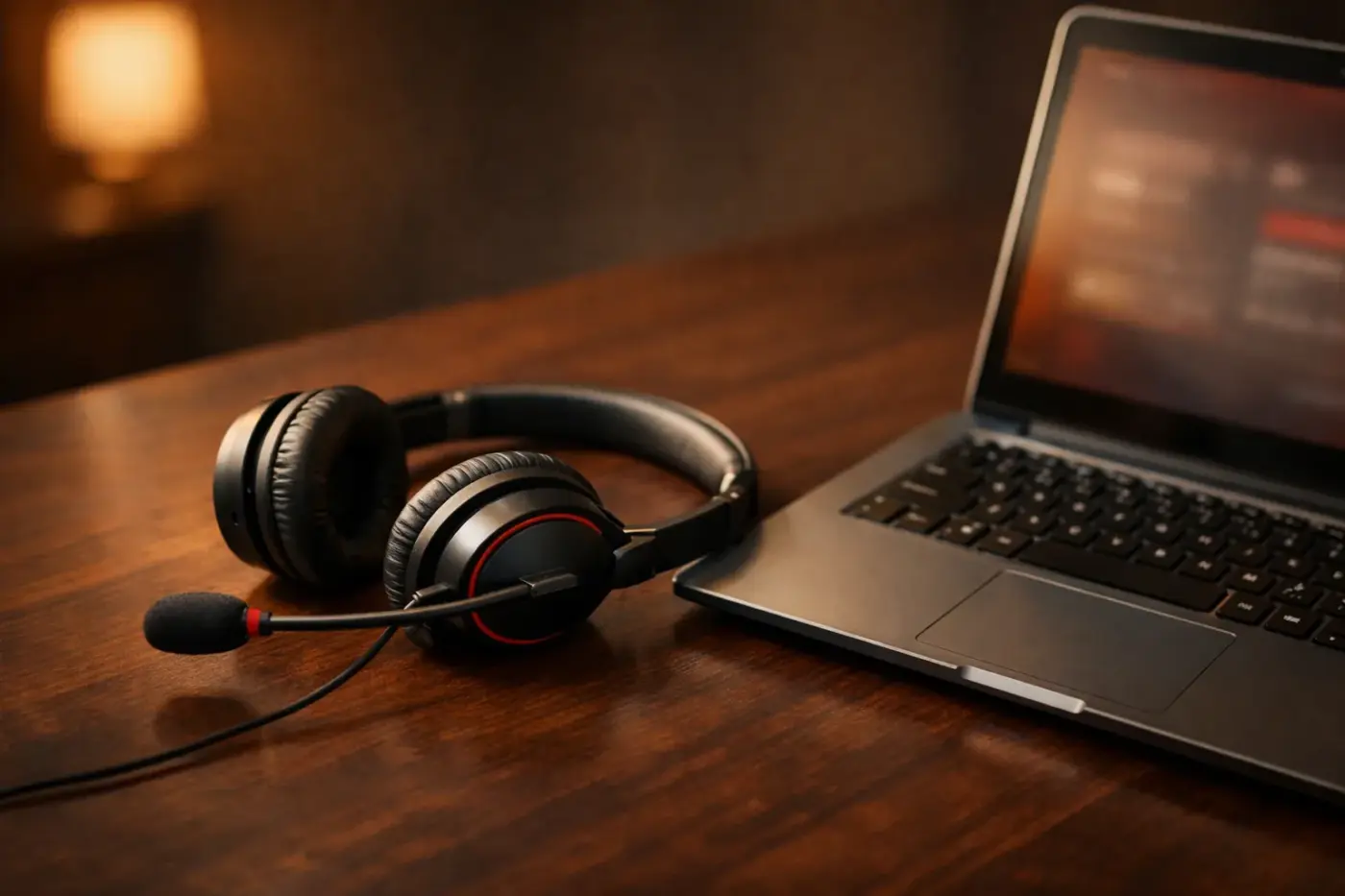 Tai nghe cạnh laptop mở trên bàn gỗ tối